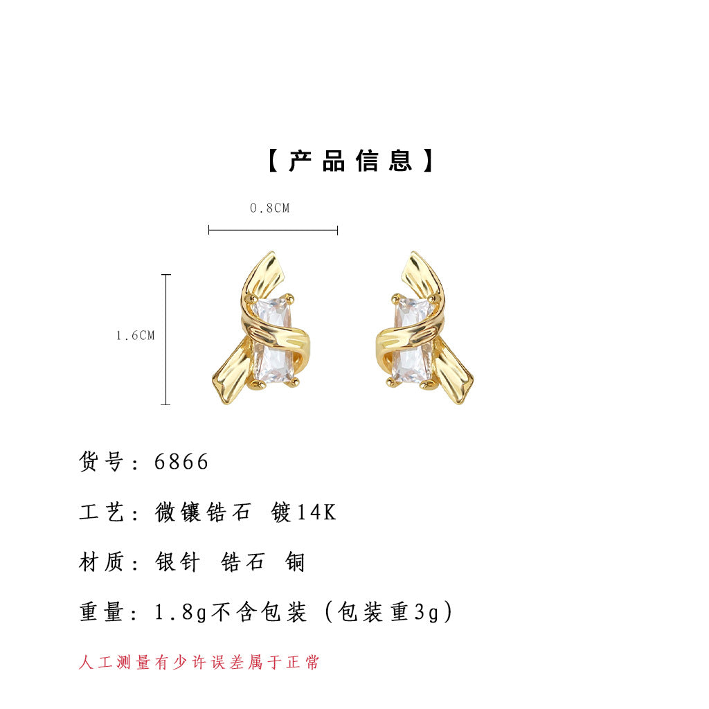 C廠【6866】飄帶~原創設計微鑲鋯石S925銀針鍍14K時尚高級感輕奢風耳環耳飾女
 25.10-1