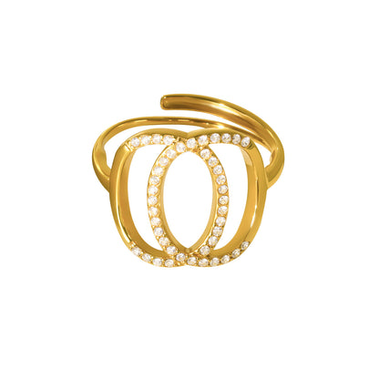 B廠【A462】不鏽鋼雙環C線開口白鑽太陽能石戒指歐美個性百搭輕奢指環 25.07-4