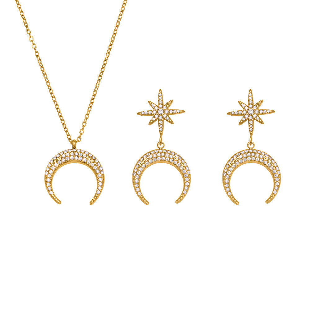 B廠【TXP485】歐美熱銷新品不銹鋼5A鋯石八芒星月牙吊墜耳環項鍊首飾套裝
 25.11-4