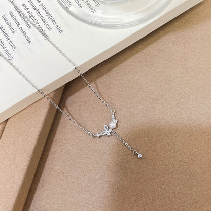 E廠【XDQ0675N】S999純銀韓版時尚天然淡水珍珠蝴蝶項鍊女精緻流蘇鎖骨鍊ins
 26.03-1