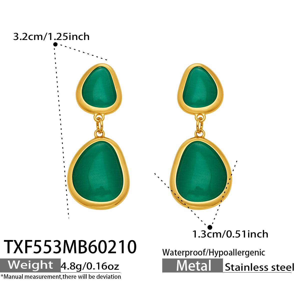 B廠【TXP553】歐美輕奢橢圓貓眼石項鍊手鍊耳環不鏽鋼鍍18k金首飾套裝
 26.10-4