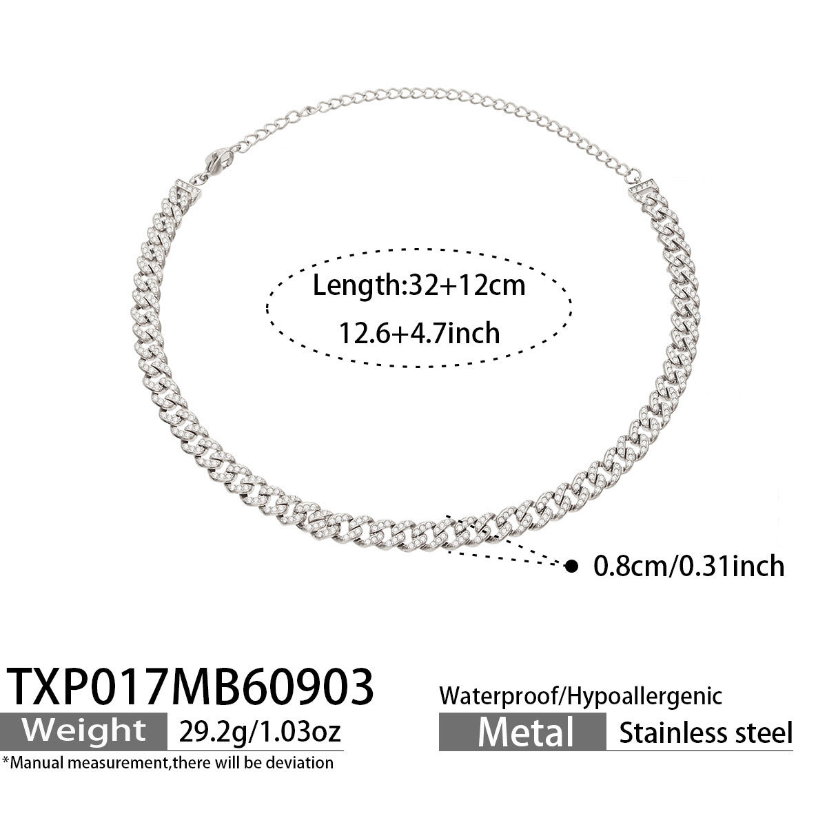 B廠【TXP017】跨境古巴鏈不銹鋼鍍金滿鋯石鎖骨鏈簡約小眾輕奢不掉色女項鍊手鍊
 26.09-2