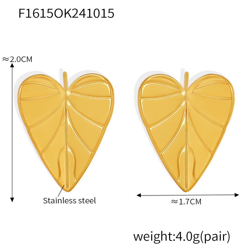 B廠【F1615】飾品ins風愛心樹葉紋路耳環耳環不鏽鋼PVD電鍍簡約耳飾 24.10-4