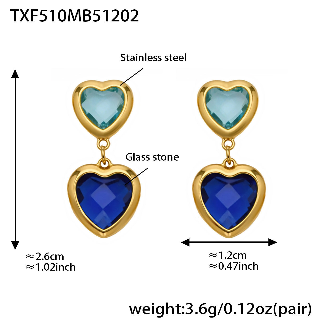 B廠【TXP510】不鏽鋼愛心切麵包邊玻璃石鋼珠項鍊手鍊耳環組鍍18k真金不掉色
 25.12-2
