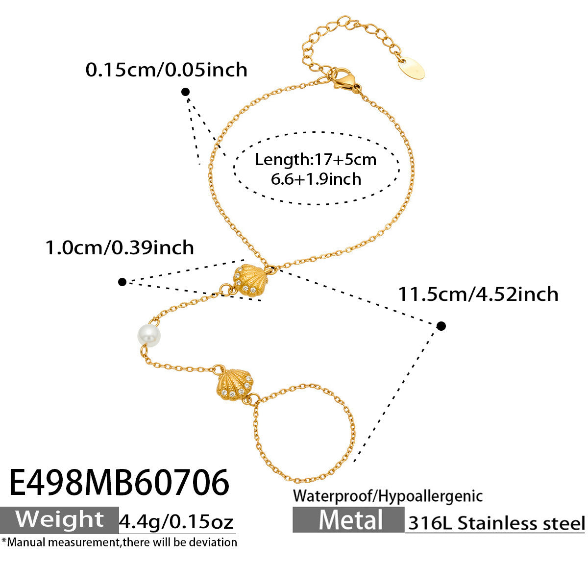 B廠【E498】歐美5A鋯石貝殼吊墜手鍊不鏽鋼鍍18k 金色夏日沙灘度假風女手指鏈 26.07-2