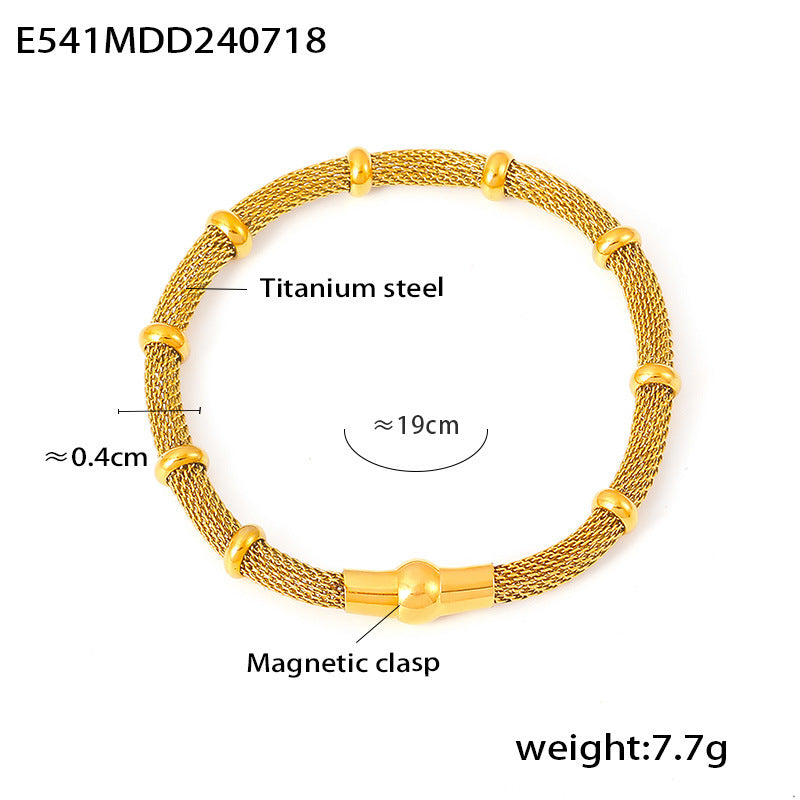 B廠【E541】歐美chic風竹節金屬網狀圓形手鍊簡約復古設計鈦鋼鍍18k金飾品 24.07-4