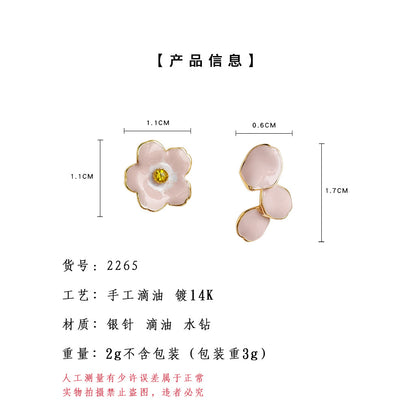 A廠【2265】清新甜美！不對稱櫻花粉花朵925銀針鍍14K滴油耳環氣質耳環女 25.07-2