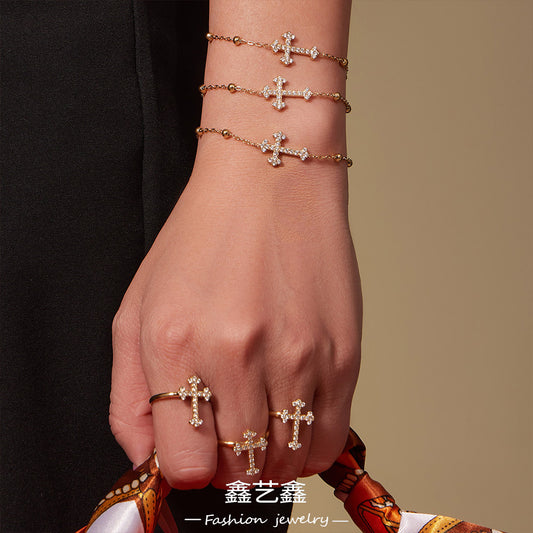 B廠【TXP487】超閃5A鋯石十字架吊墜項鍊手鍊耳環戒指首飾組不銹鋼
 25.12-1