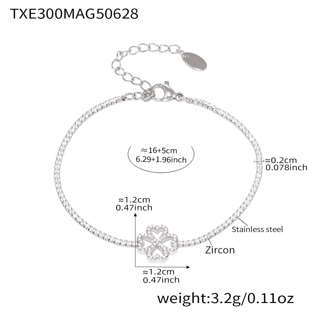 B廠【TXP300】超閃5A鋯石2mm鑽四葉花愛心手鍊項鍊組不鏽鋼鍍18k金飾品 25.07-1