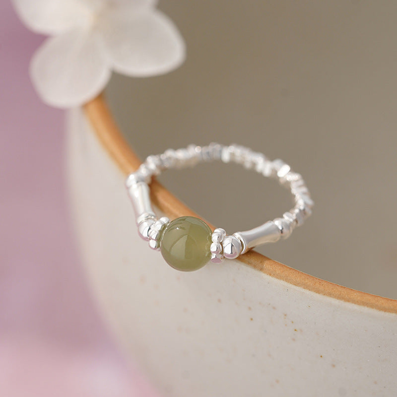 D廠【YC4900R】足銀S999新中式和田玉竹節碎銀戒指女時尚個性國風指環
 25.11-3