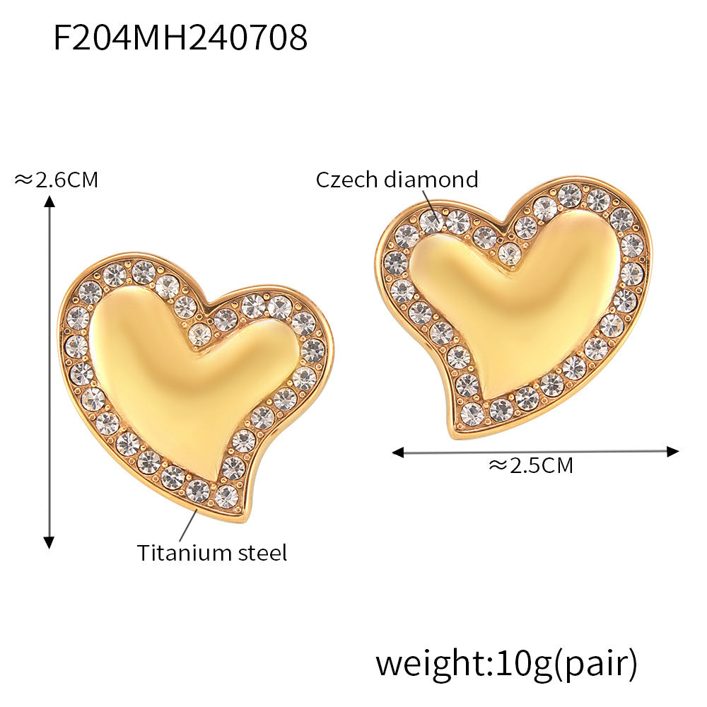 B廠【F204】歐美跨境桃心耳環鈦鋼鍍18k真金鑲鑽百搭耳環女時尚輕奢飾品 24.07-2