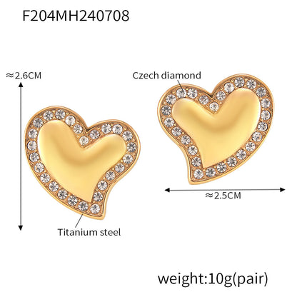 B廠【F204】歐美跨境桃心耳環鈦鋼鍍18k真金鑲鑽百搭耳環女時尚輕奢飾品 24.07-2