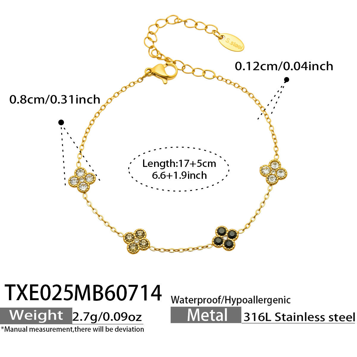 B廠【TXP025】歐美多巴胺系列四葉花不銹鋼鍍18k金 鑲嵌鋯石項鍊手鍊女飾品套裝
 26.07-4