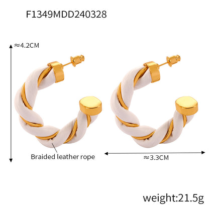 B廠【F1349】復古麻花編織纏繞皮革耳環女明星同款設計感法式時髦C型鈦鋼耳圈 24.04-2