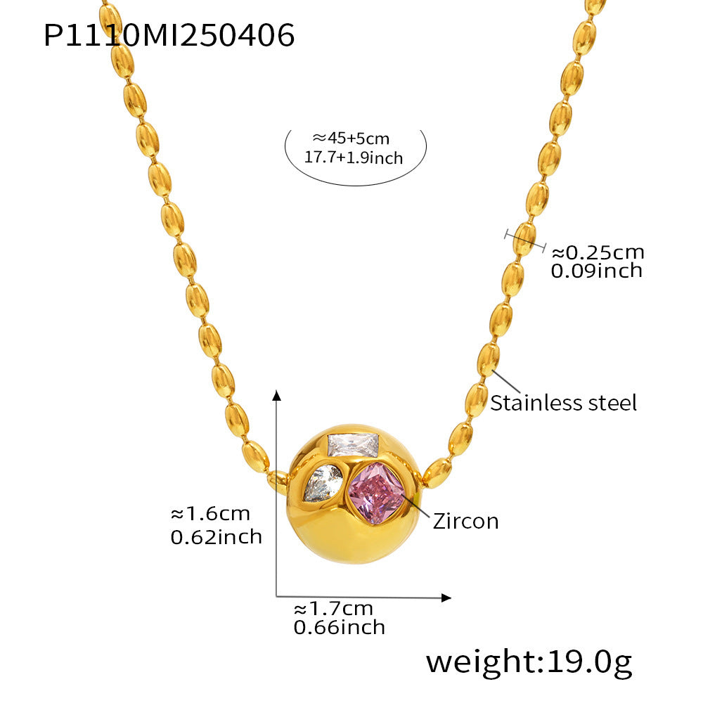 B廠【P1110】歐美飾品不鏽鋼圓珠鑲捷克水鑽吊墜米珠鎖骨項鍊PVD鍍18k金 25.04-2