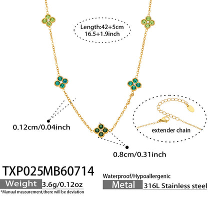 B廠【TXP025】歐美多巴胺系列四葉花不銹鋼鍍18k金 鑲嵌鋯石項鍊手鍊女飾品套裝
 26.07-4