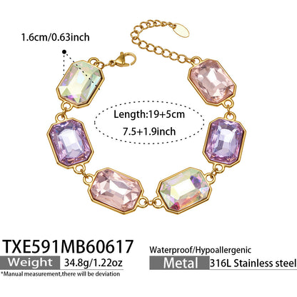 B廠【TXP591】歐美新款多色長方形玻璃石項鍊手鍊首飾套裝復古宴會風不銹鋼飾品
 26.06-4