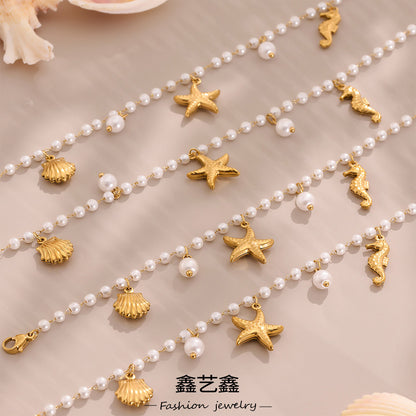 B廠【TXP335】海洋系列星星貝殼吊墜手工膠珠串珠項鍊手鍊手鍊套裝不銹鋼材質 25.08-1