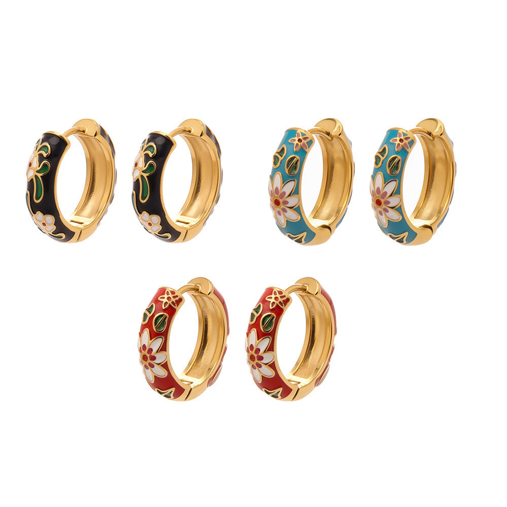 B廠【F1156】新中式琺瑯彩釉印花圓圈耳扣不銹鋼鍍18k真金彩色滴油花朵耳環女
 25.12-4
