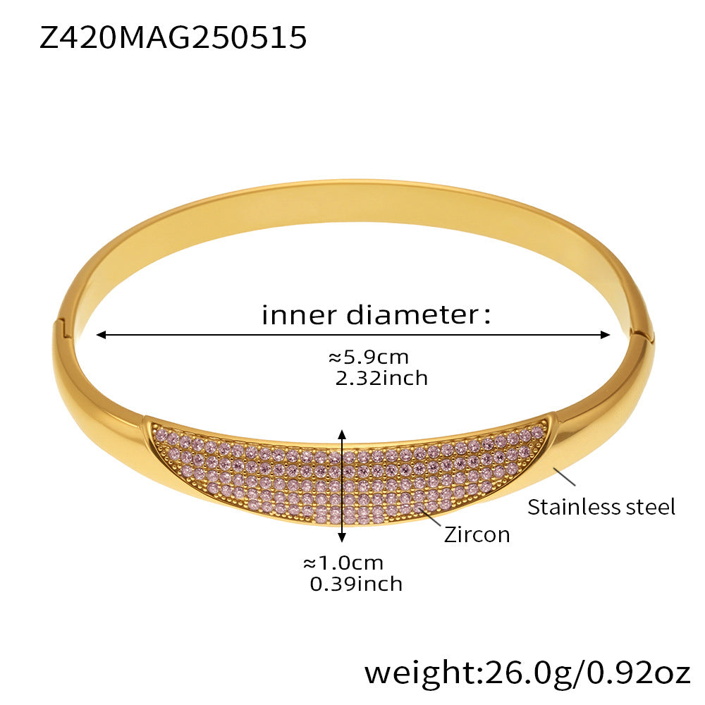 B廠【Z420】歐美不鏽鋼幾何素圈5A鋯石卡扣手鐲不鏽鋼鍍18k金精緻手環 25.05-4