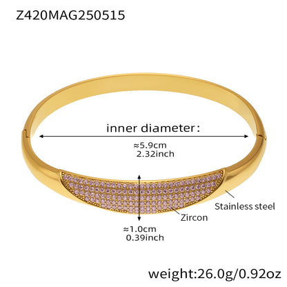B廠【Z420】歐美不鏽鋼幾何素圈5A鋯石卡扣手鐲不鏽鋼鍍18k金精緻手環 25.05-4