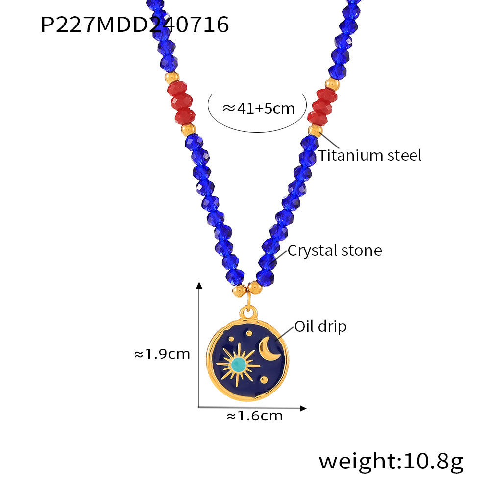 B廠【P227】歐美跨國藍紅色水晶石手工編織項鍊青金藍星空彩釉鈦鋼吊墜配件女 24.07-4