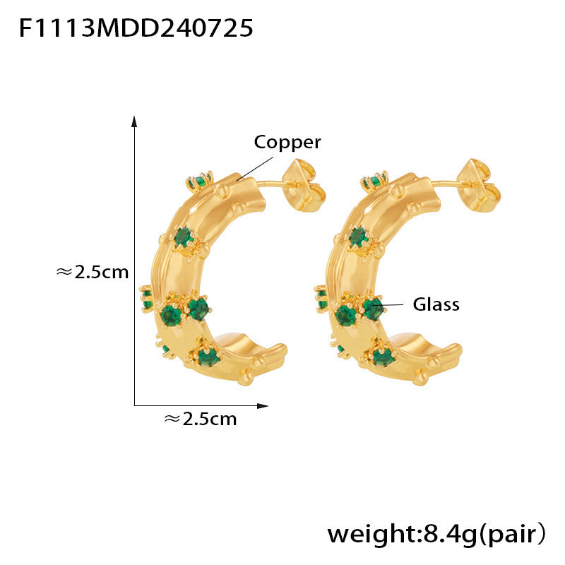 B廠【F1113】歐美跨國新款幾何C形鑲綠玻璃石耳環銅材質鍍18k金簡約輕奢耳飾女 24.07-5