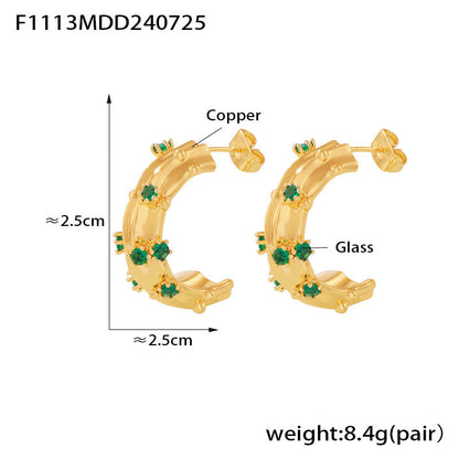 B廠【F1113】歐美跨國新款幾何C形鑲綠玻璃石耳環銅材質鍍18k金簡約輕奢耳飾女 24.07-5