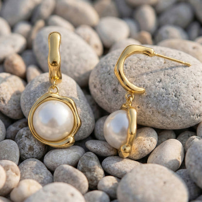 B廠【F046】新中式高質感仿珍珠吊墜耳環個性時尚C型耳環不鏽鋼鍍18k真金耳環
 26.03-3