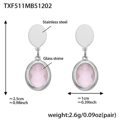 B廠【TXP511】不鏽鋼幾何橢圓切面玻璃石包邊項鍊手鍊耳環組鍍18k金跨國首飾
 25.12-2