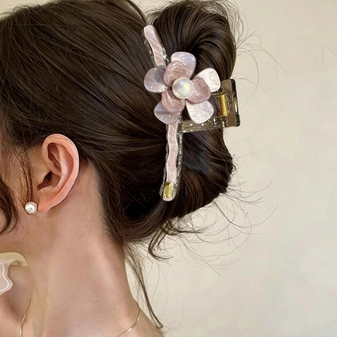 C廠【X479】粉紅珍珠花朵抓夾女大號盤髮夾2026新款髮量大鯊魚夾子高級感頭飾
 26.06-3