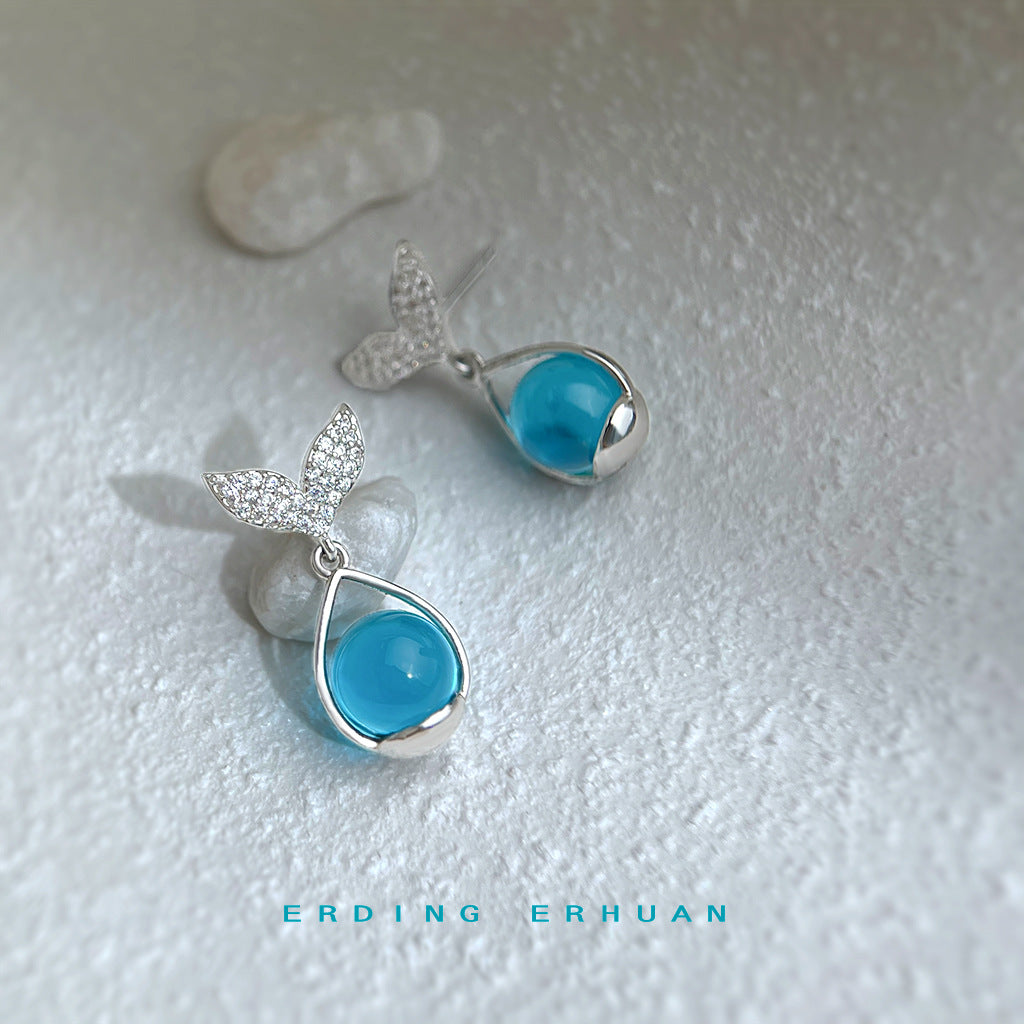 C廠【6385】微鑲鋯石925銀針清新甜美透感玻璃琉璃魚尾耳飾女 度假風新款耳環
 25.11-1