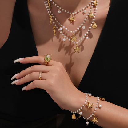 B廠【TXP335】海洋系列星星貝殼吊墜手工膠珠串珠項鍊手鍊手鍊套裝不銹鋼材質 25.08-1