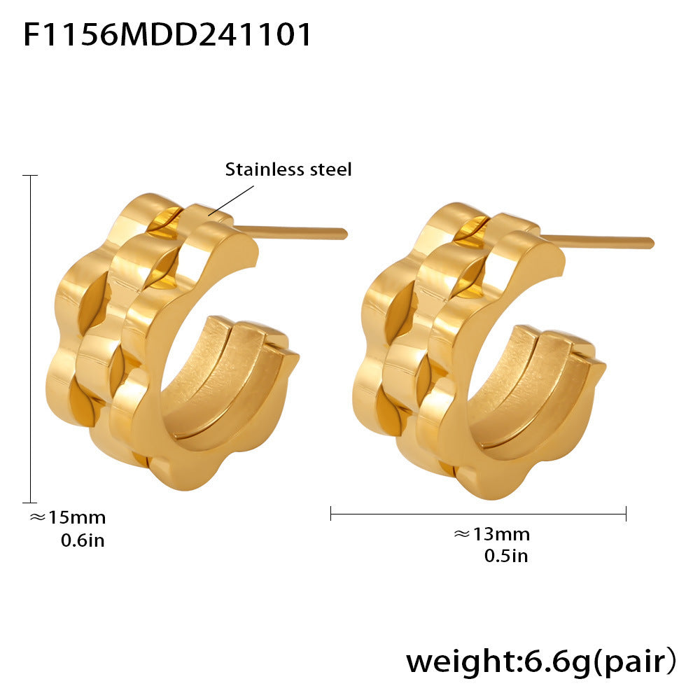 B廠【F1156】 INS風時尚錶帶紋理C型耳環耳環不鏽鋼鍍18k金潮流時髦耳飾 24.11-2