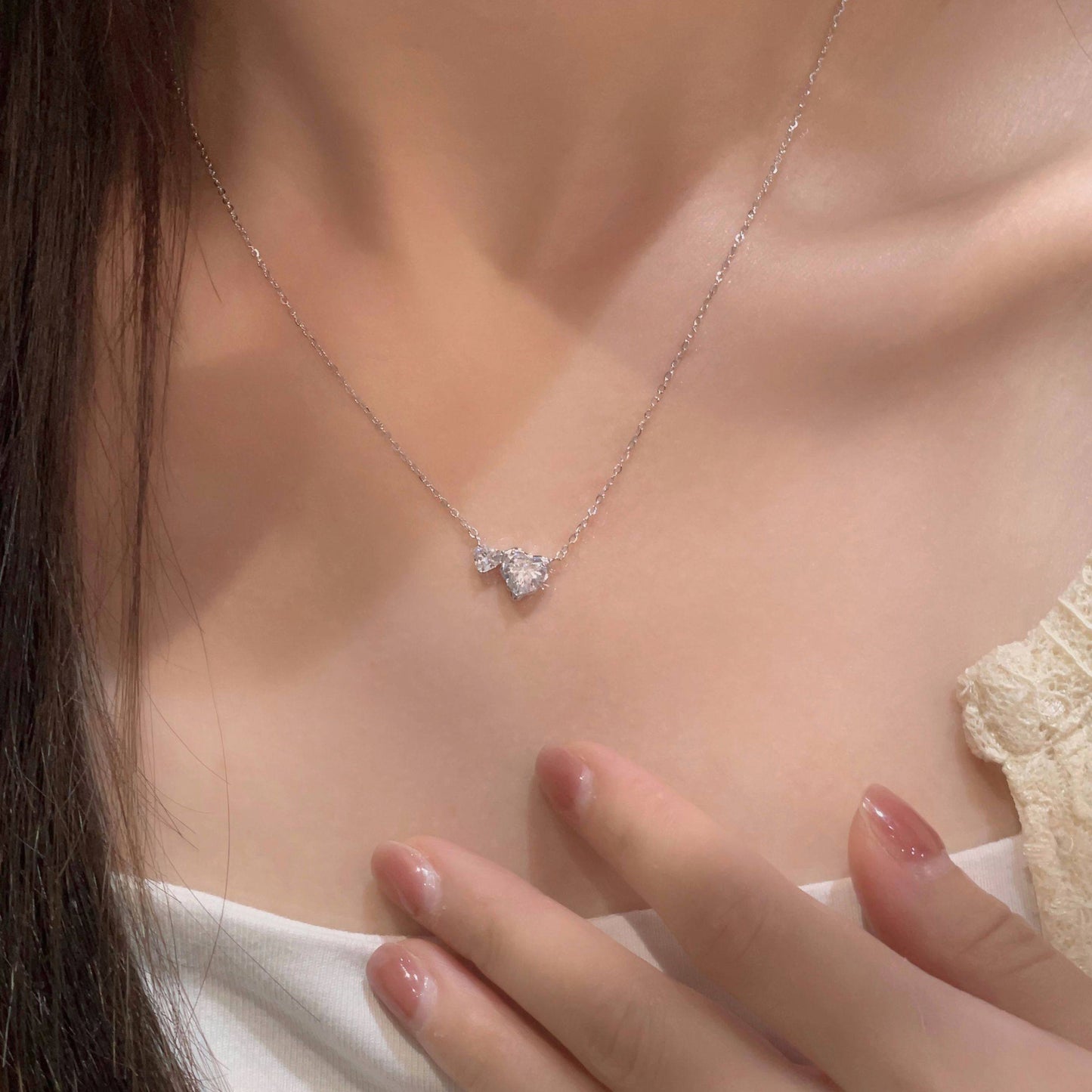 E廠【XDQ0549N】S925純銀爆閃心相依項鍊女高級感精緻愛心閃鋯甜美鎖骨鏈潮
 26.01-1