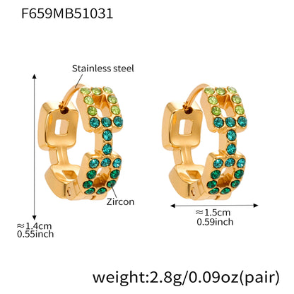 B廠【F659】方塊彩鑽鋯石超閃精緻小耳扣耳環不鏽鋼鍍18k真金百搭耳飾
 25.11-1