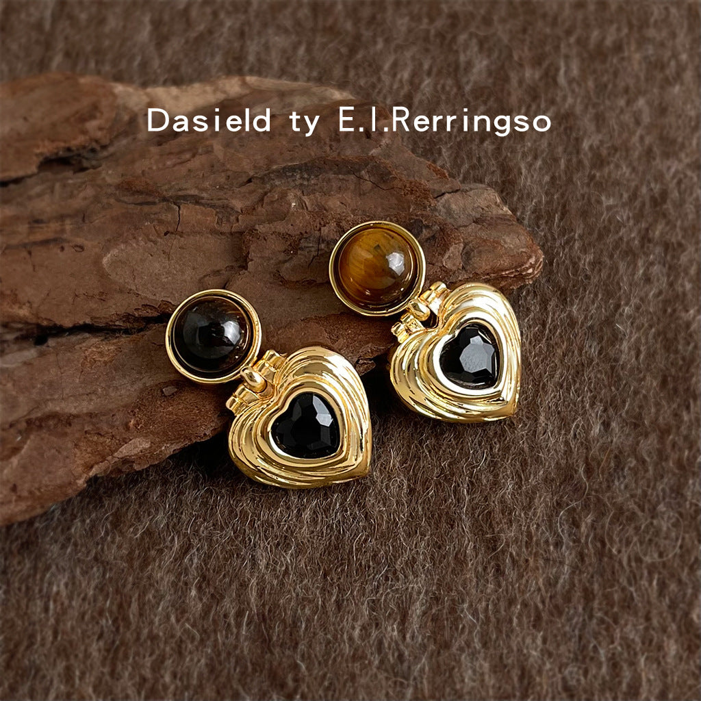 A廠【7187】秋冬爆款美拉德風文藝復古天然石虎眼石中古耳飾愛心幾何耳環
 25.12-1