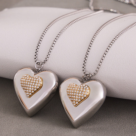 B廠【P843】歐美超閃鋯石滿鑽雙色愛心吊墜鎖骨項鍊不鏽鋼跨境女網紅百搭潮款
 26.04-3