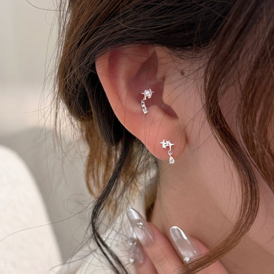 E廠【XDQ11659E】S999純銀韓系ins四芒星水滴耳環女氣質簡約星星百搭通勤耳飾
 26.01-4