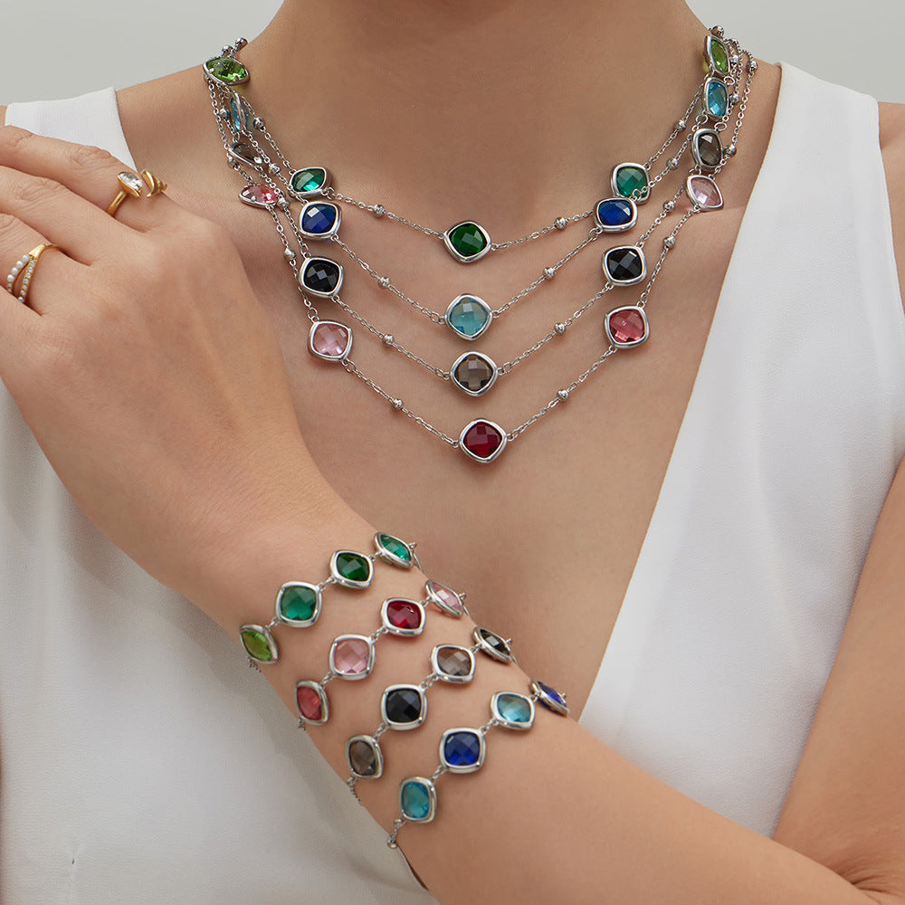 B廠【TXP512】不銹鋼正方形切面玻璃石手鍊項鍊耳環套裝歐美風潮酷氣質珠寶首飾
 25.12-2