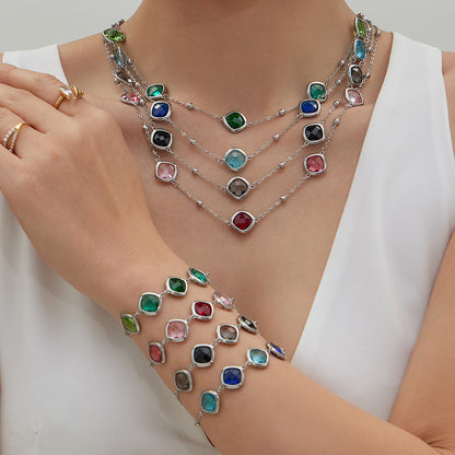 B廠【TXP512】不銹鋼正方形切面玻璃石手鍊項鍊耳環套裝歐美風潮酷氣質珠寶首飾
 25.12-2