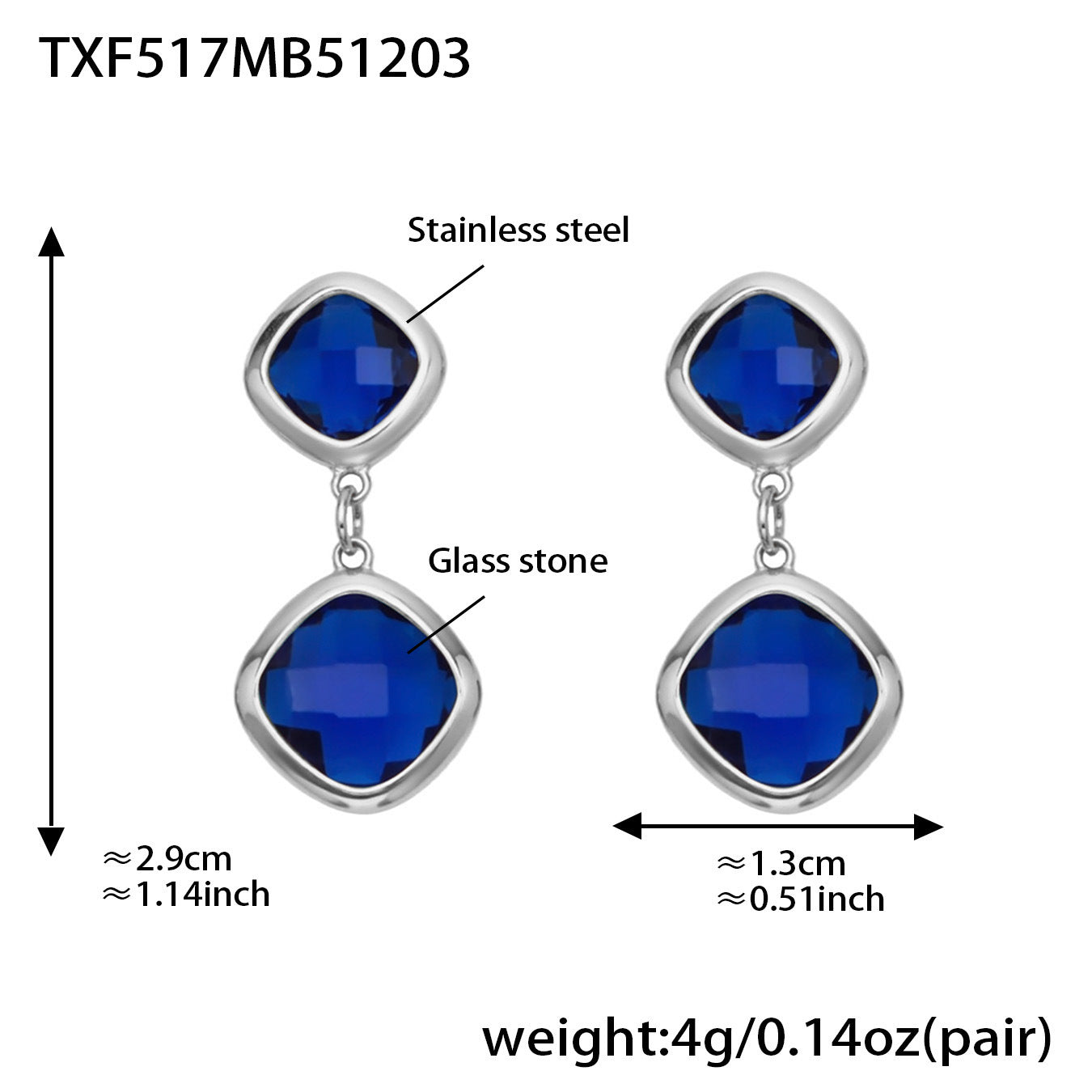 B廠【TXP517】不銹鋼方形切麵包邊玻璃石吊墜耳環項鍊手鍊珠寶首飾套裝鍍18k金
 25.12-2