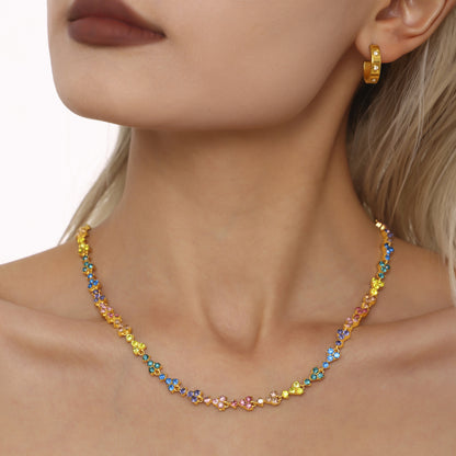 B廠【TXP215】 滿鑽三角梅花手工鏈重工奢華彩色鋯石不銹鋼鍍18k真金項鍊 25.01-1