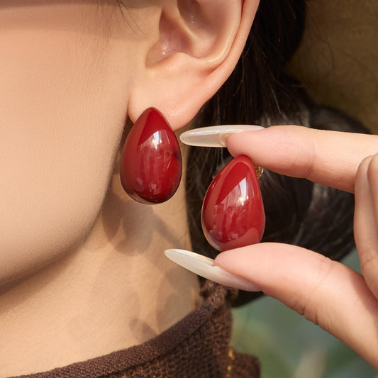 B廠【F1606】跨境熱銷新款酒紅色滴油水滴形耳環銅材質鍍金耳環百搭精準耳飾女
 26.04-1