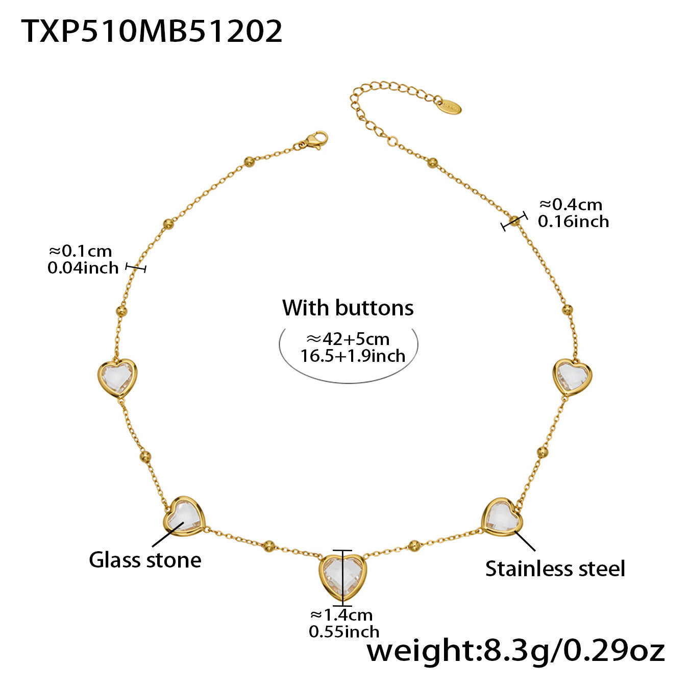 B廠【TXP510】不鏽鋼愛心切麵包邊玻璃石鋼珠項鍊手鍊耳環組鍍18k真金不掉色
 25.12-2