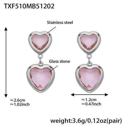 B廠【TXP510】不鏽鋼愛心切麵包邊玻璃石鋼珠項鍊手鍊耳環組鍍18k真金不掉色
 25.12-2