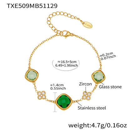 B廠【TXP509】不銹鋼四葉花鑲鋯石切面包邊石頭手鍊長款毛衣鏈項鍊耳環首飾套裝
 25.12-1