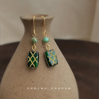 A廠【6445】新中式捷克琉璃手工耳環女文藝復古新款耳環長款幾何飾品 25.07-3