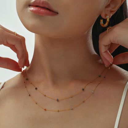 B廠【P1991】法式浪漫不鏽鋼2mm天然石切面超細十字鏈手工串珠項鍊飾品 25.03-3