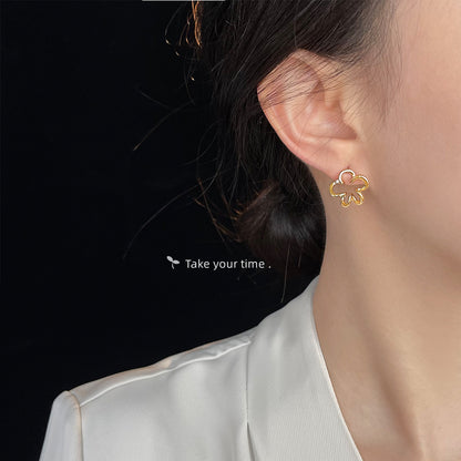 A廠【6452】時尚高級感鏤空幾何鋯石花朵925銀針鍍14K耳環女個性新耳飾 25.07-3